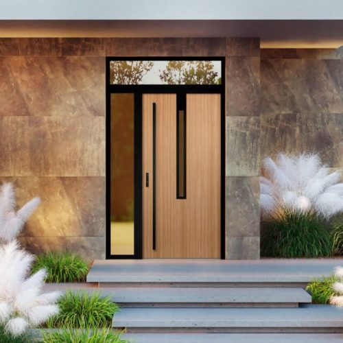 Lesena vhodna vrata Galux z obsvetljavo in nadsvetljavo