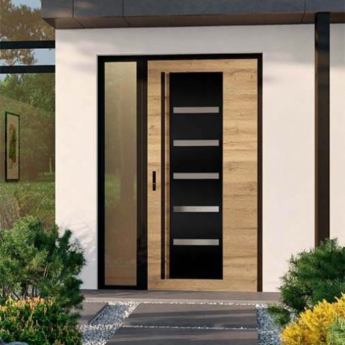 Aluminijasta vhodna vrata Galux z obsvetljavo v lesenem dekorju